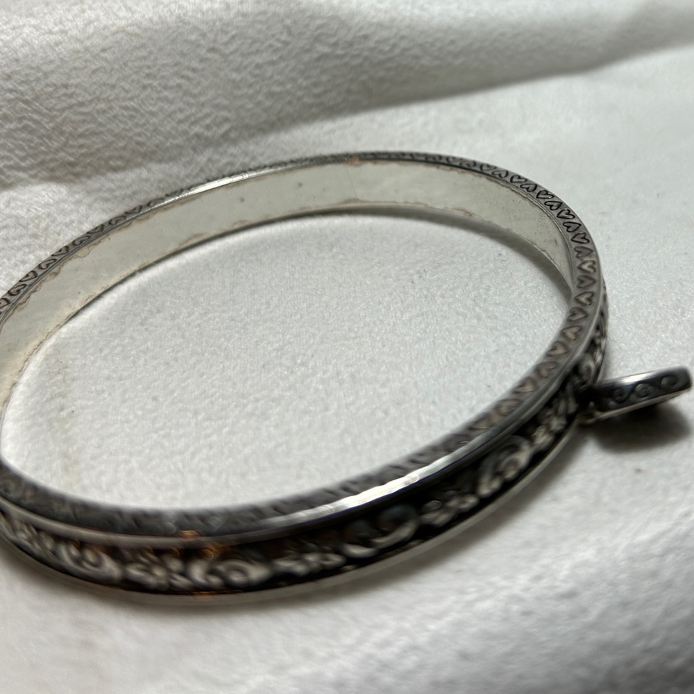 Brighton Etched Floral Bangle Bracelet with Small Heart Charm Silver Plated - Picture 11 of 13